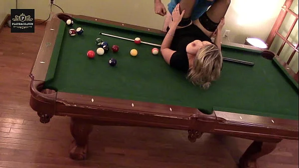Hot MILF wife gets a hard handling on pool table. Huge tits rocking.