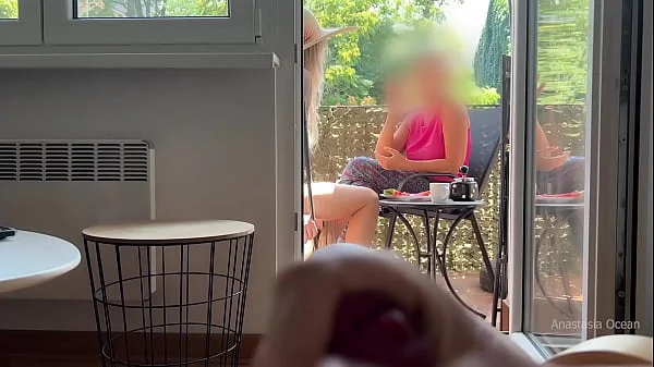 My husband is jerking off and cum in front of my stepmom a while we talk on balcony.