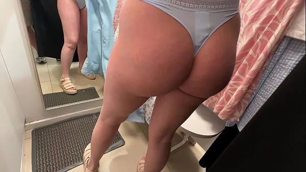 Fitting room. I spy on a busty beauty changing clothes and fuck her, ending up in her pussy