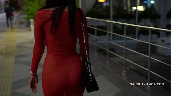 Red transparent dress in public
