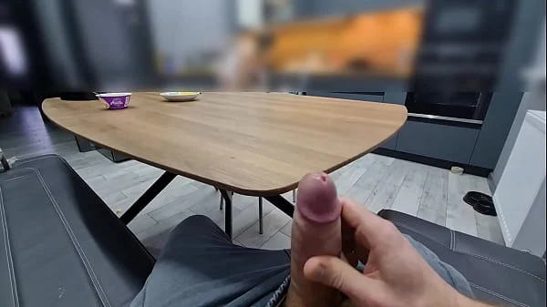 Stepsister noticed me masturbating my fat cock under the table